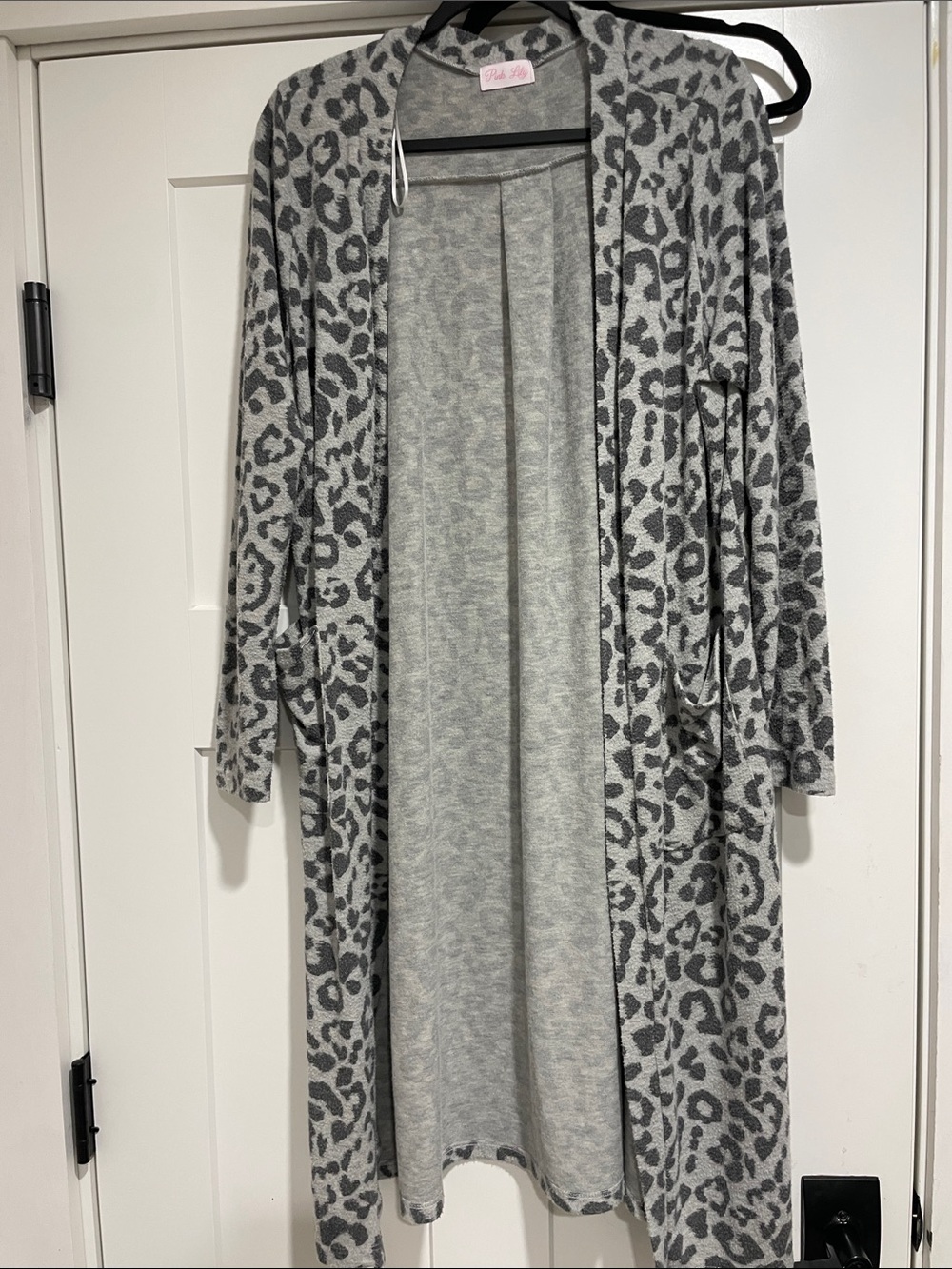 Pink Lily Gray & Charcoal Leopard Print Long Open Cardigan